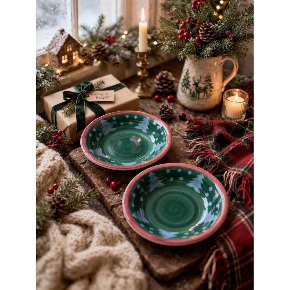 Christmas Tree Pasta Cereal Soup Bowls VTG Tre Ci Italian Signed Set Of 2